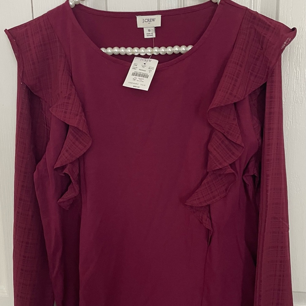 J. Crew Deep Red Ruffle Sleeve Blouse
